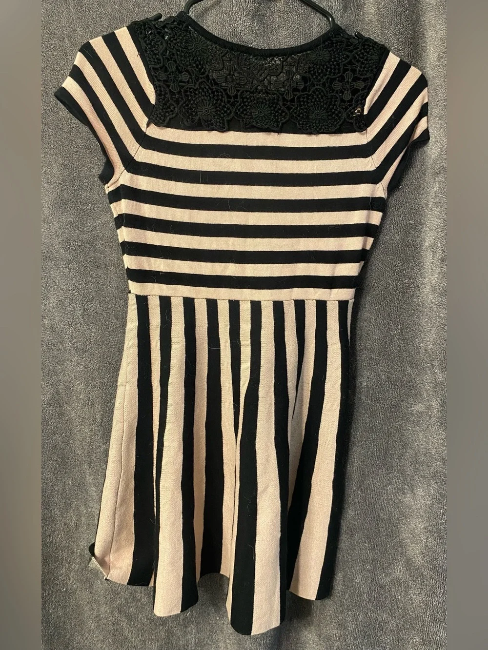 My Michelle Black and Cream Striped Lace-Yoke Fit & Flare Mini Dress
